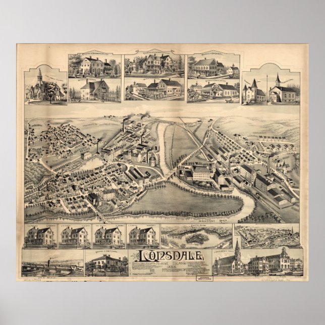 Poster 1888 Lonsdale, Lincoln, RI Birds Eye Panoramic Map (Devant)