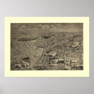 Poster 1889 Winchester, MA Oiseaux Vue panoramique Carte