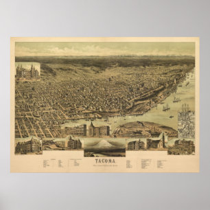 Poster 1890 Tacoma, WA Oiseaux Vue panoramique Carte
