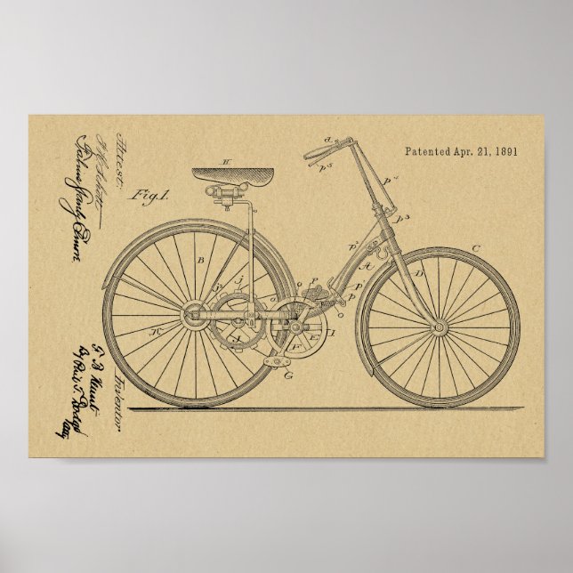 Poster 1891 Conception de bicyclettes sans chaines Brevet (Devant)