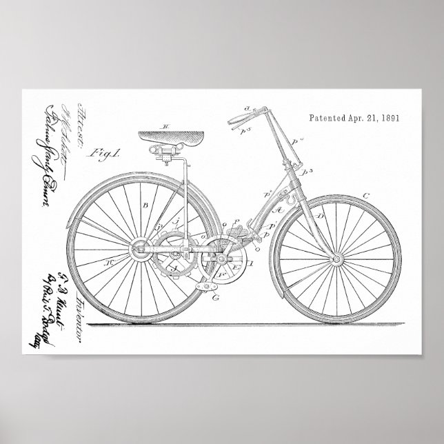 Poster 1891 Conception de bicyclettes sans chaines Brevet (Devant)