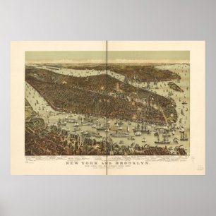 Poster 1892 New York & Brooklyn Birds Eye Panoramic Map
