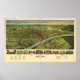 Poster 1892 Waco, TX Oiseau Vue panoramique
