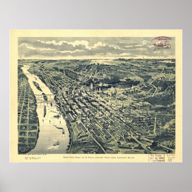 Poster 1893 Saint Paul, MN Oiseaux Vue panoramique Carte (Devant)