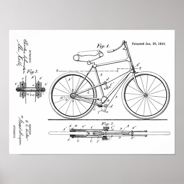 Poster 1894 Brevet de bicyclette propulsé au levier Art (Devant)