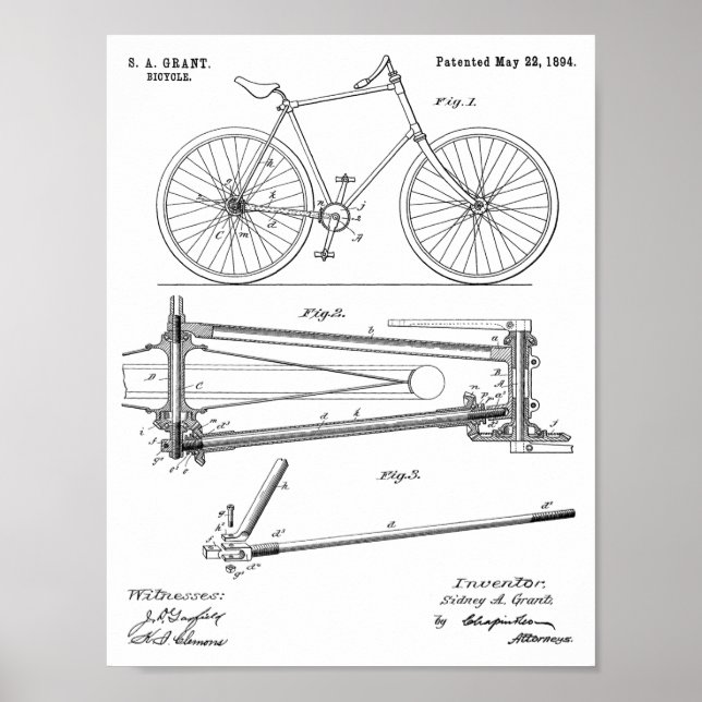 Poster 1894 Conception de bicyclettes sans chaines Brevet (Devant)