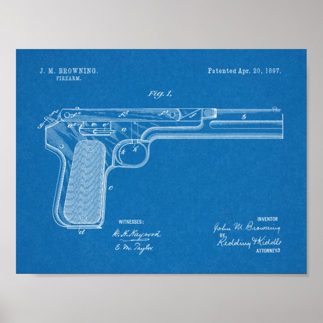 Poster 1897 Browning Gun Brevet Art Dessin Imprimer (Devant)