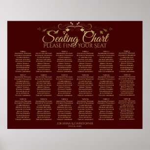 Poster 18 Table Gold & Auburn Brown Mariage Seating Chart