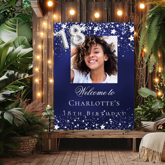 Poster 18e anniversaire bleu argent étoiles photo bienven (Créateur téléchargé)