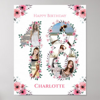 Poster 18e anniversaire Fille rose Photo Collage Blanc