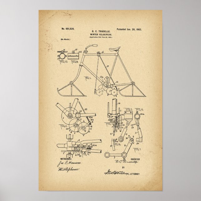 Poster 1902 Brevet Vélocipède d'hiver de bicyclette (Devant)