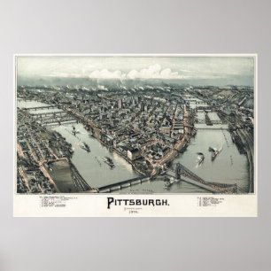 POSTER 1902 CARTE DESSINÉE À LA MAIN DE PITTSBURGH