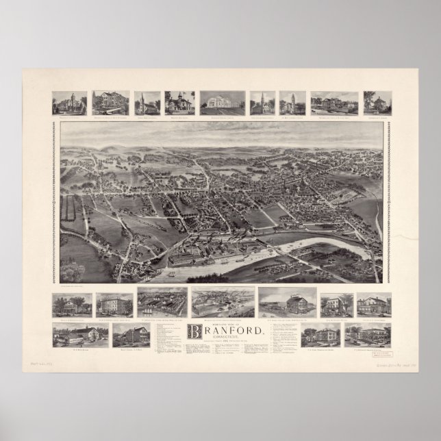 Poster 1905 Branford, CT Birds Eye View Panoramic Map (Devant)