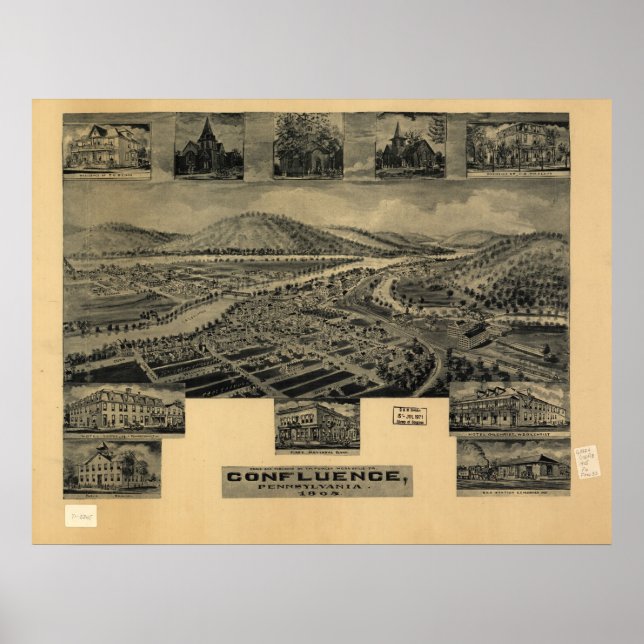 Poster 1905 Confluence, PA Oiseaux Vue panoramique Carte (Devant)