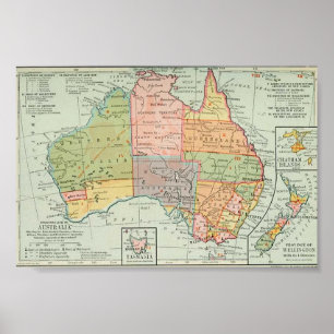 Poster 1907 Carte de l'Australie et de la Nouvelle-Zéland