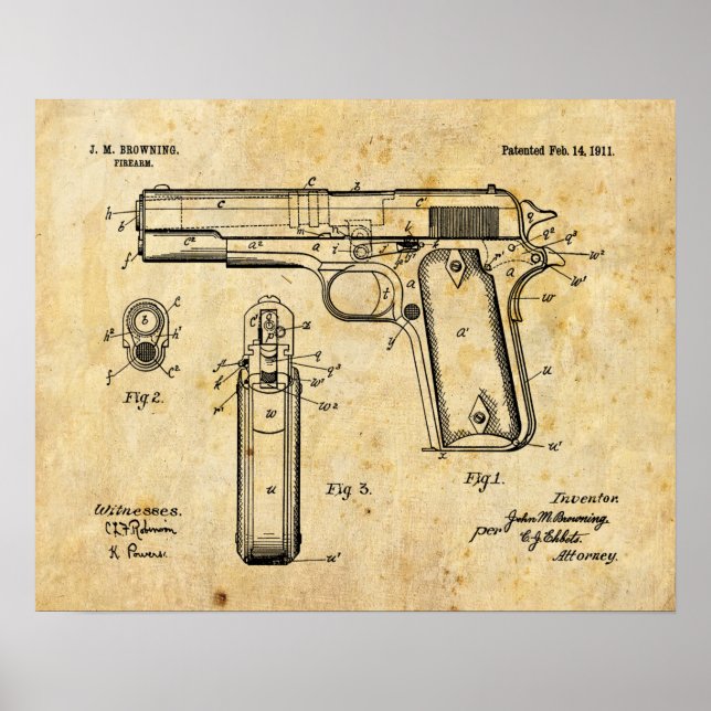Poster 1911 Colt Browning Gun brevet d'art dessin (Devant)