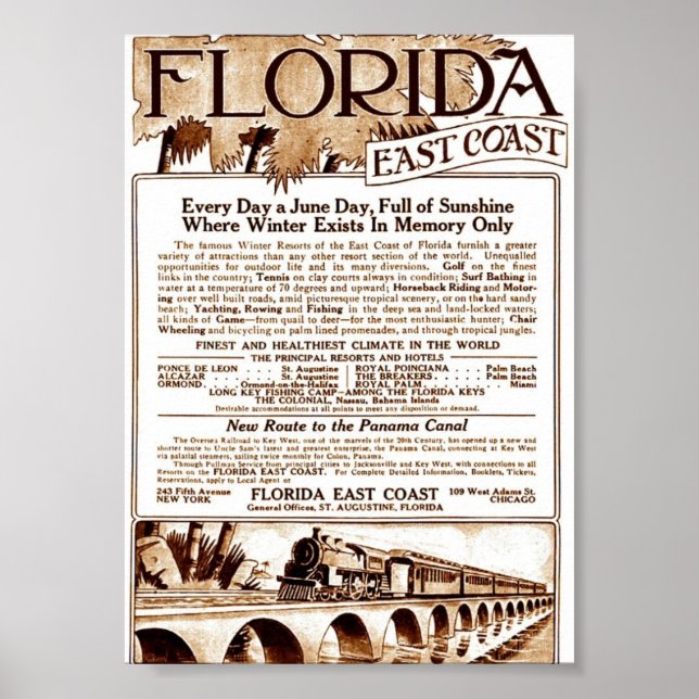 Poster 1913 Florida East Coast Railway Advert (Devant)