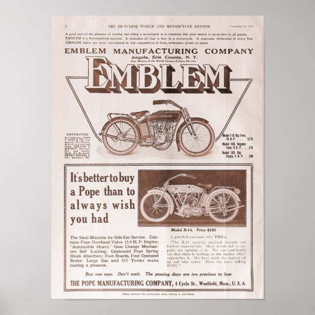 Poster 1914 Emblem et Pope moto ad (Devant)