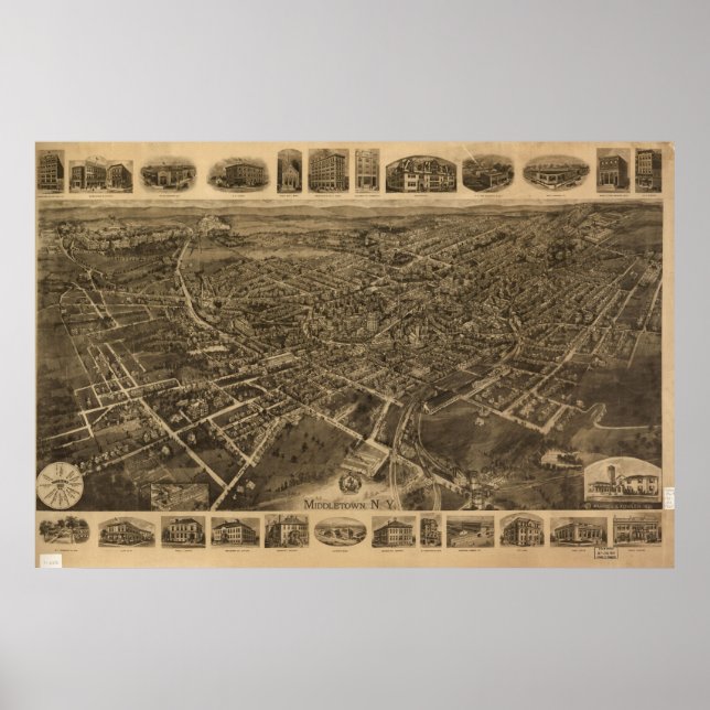 Poster 1921 Middletown, NY Oiseaux Vue panoramique Carte (Devant)