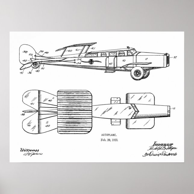 Poster 1923 Voiture Volante Autoplane Brevet Art Dessin I (Devant)