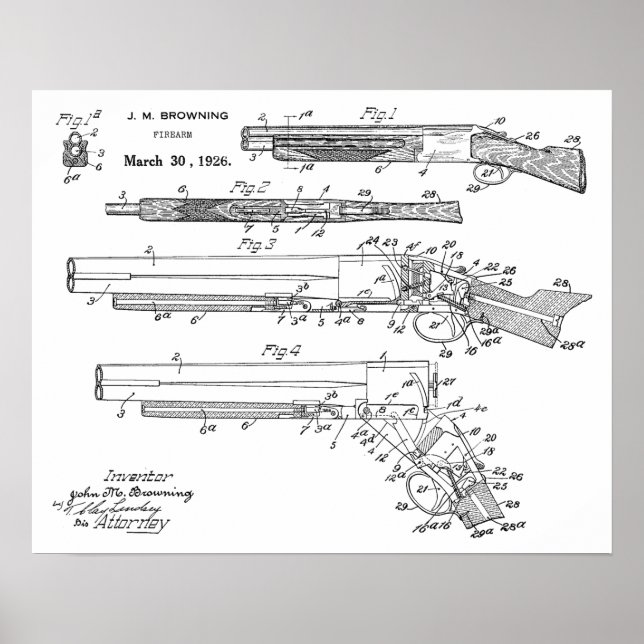 Poster 1926 Browning Shotgun Patent Art Drawing Print (Devant)