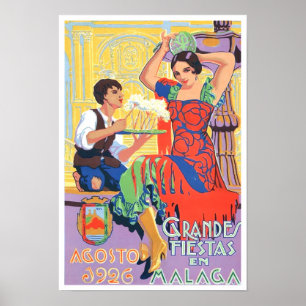 Poster 1926 Malaga Espagne voyage vintage