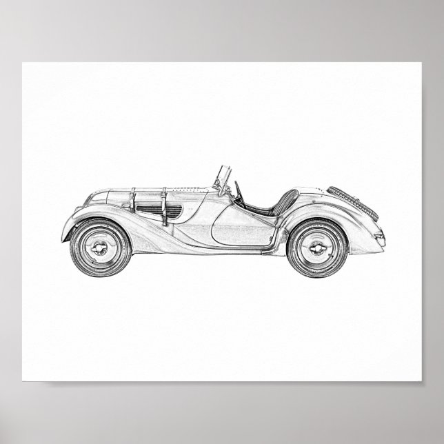 Poster 1936 BMW 328 Roadster Art crayon noir et blanc (Devant)