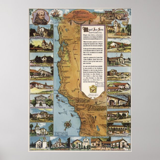 Poster 1949 Carte des missions de Californie (Devant)