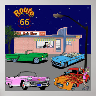 Poster 1950 Diner Route 66 et Voitures Vintage