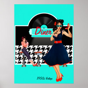 Poster 1950 Diner turquoise noir & blanc à damiers rétro