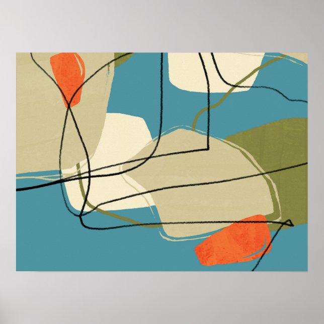 Poster 1950 Mid Century Moderne Abstrait Bleu et beige (Devant)