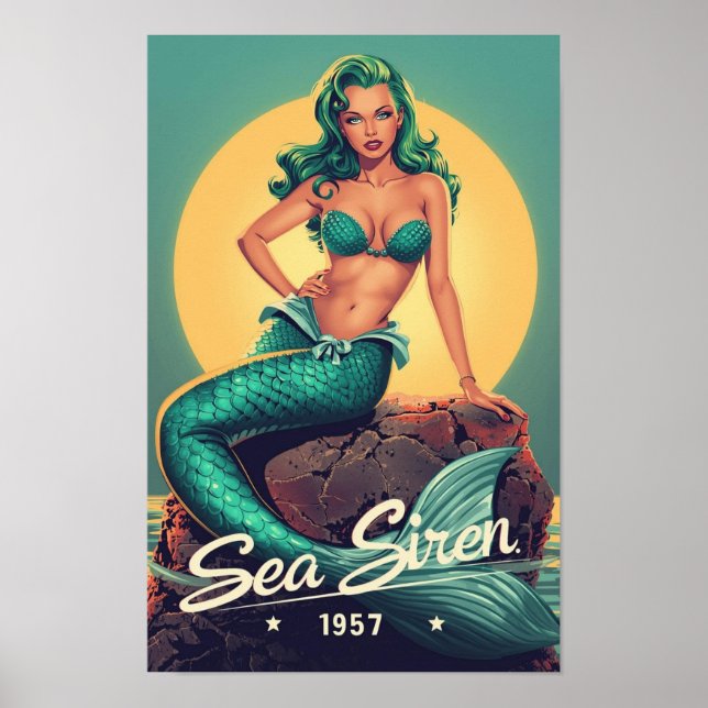 Poster 1950s Mermaid Pin-Up – Retro Sea Siren Pop Art  (Devant)