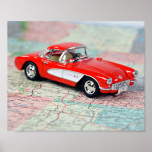 Poster 1957 retro Corvette on map
