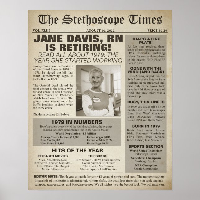 Poster 1979 Stethoscope Times for Nurse Retirement Party (Devant)