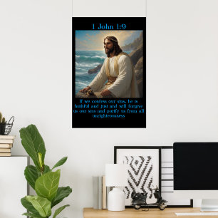 Poster 1 Jean 1:9 avec un vieux bateau dans l'océan calme