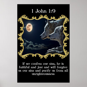 Poster 1 Jean 1:9 Loups regardant la pleine lune.