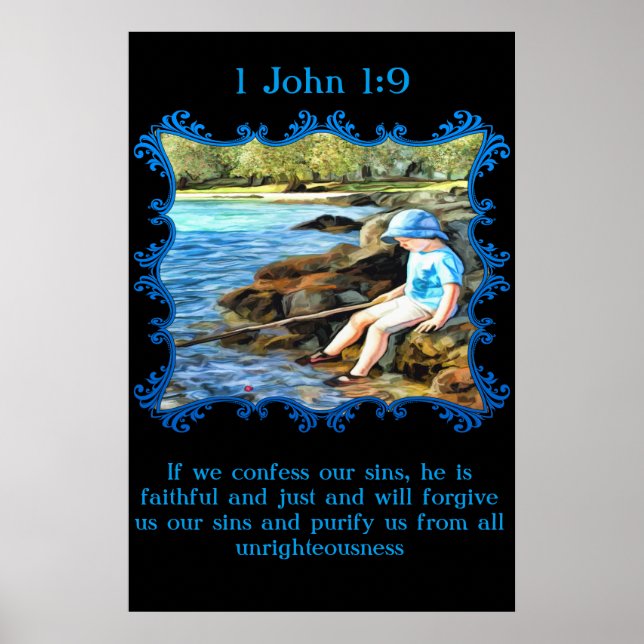 Poster 1 Jean 1:9 Petit garçon pêchant dans la rivière. (Devant)