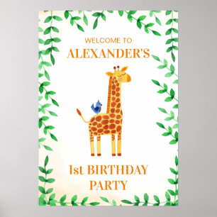 Poster 1er anniversaire mignonne Giraffe & Bird Whimsical