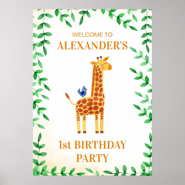 Poster 1er anniversaire mignonne Giraffe & Bird Whimsical (Devant)
