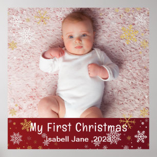 Poster 1er Noël Photo moderne Bébé Snowflakes blanc