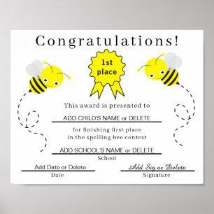 Poster 1ère place Certificat d'épellation pour enfants