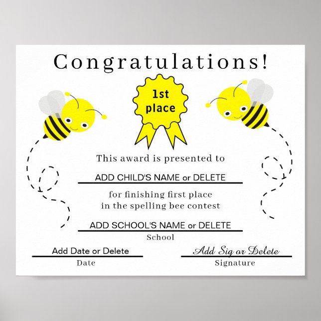 Poster 1ère place Certificat d'épellation pour enfants (Devant)