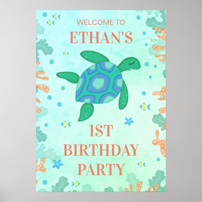 Poster 1ère tortue d'anniversaire sous la mer (Devant)