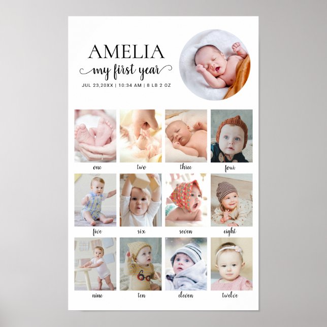 Poster 1st Birthday Baby Milestone 12 Months Custom Photo (Devant)