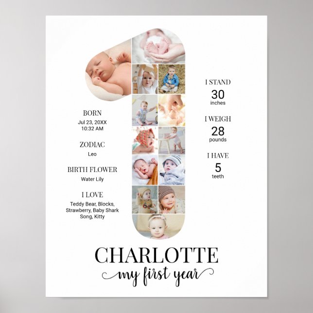 Poster 1st Birthday Number 1 Milestone Baby Photo Collage (Devant)