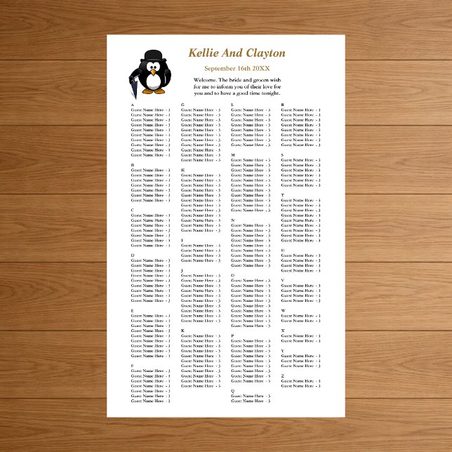 Poster 200 Drôle Penguin Greeter Mariage Seating Chart (Créateur téléchargé)