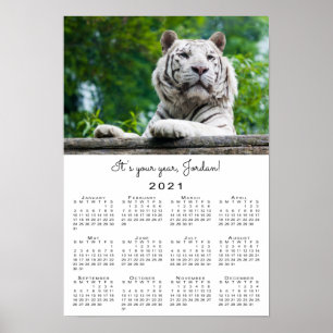 Poster 2021 Calendrier personnalisé Tigre blanc Nom photo