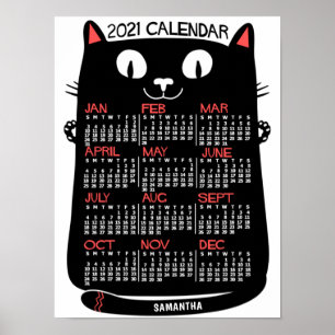 Poster 2021 Year Monthly Calendar Mid-Century Black Cat