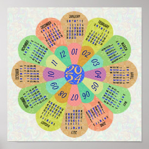 Poster 2024 Calendrier Unique Arrondi Boho Retro Flower