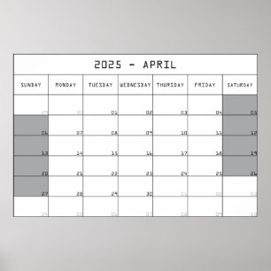 Poster 2025 avril calendrier planer gros notes espace